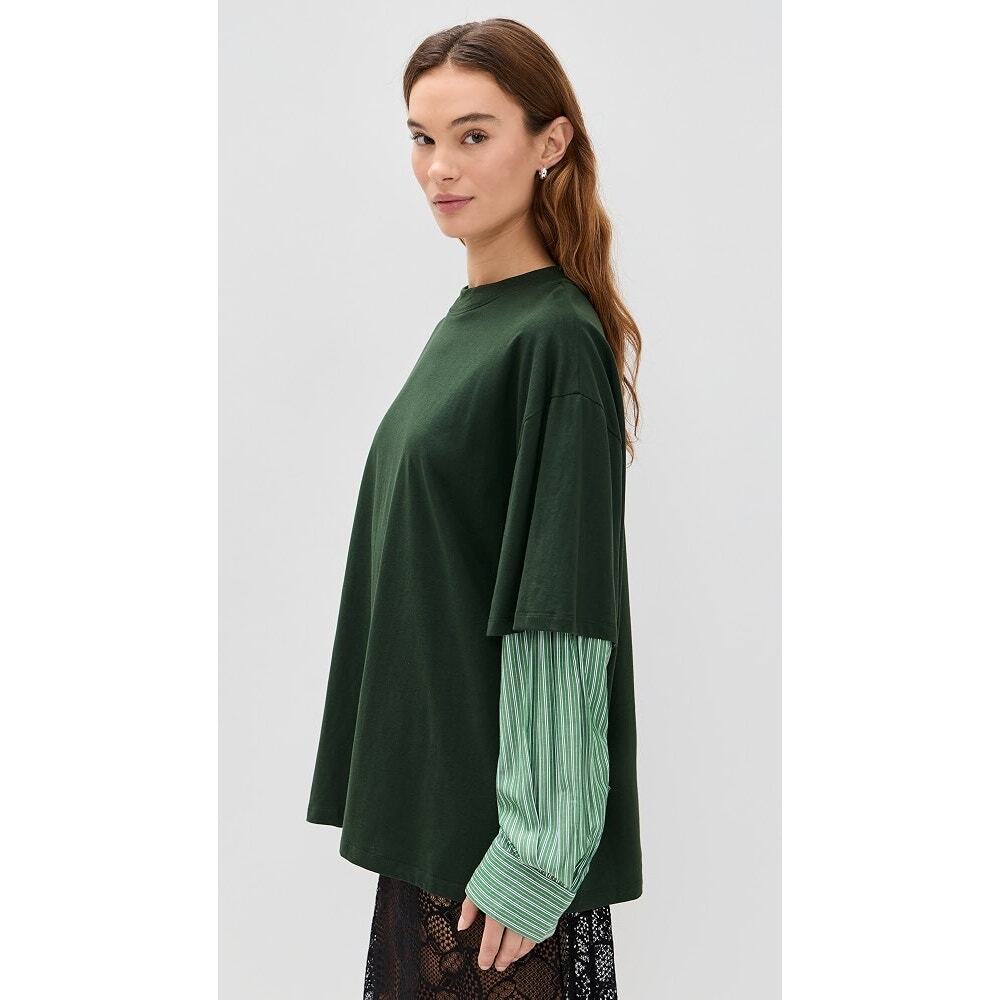 Lioness Bottega Green Layered Mix Media Crewneck Tee Striped Long Sleeve Shirt S - Picture 2 of 10